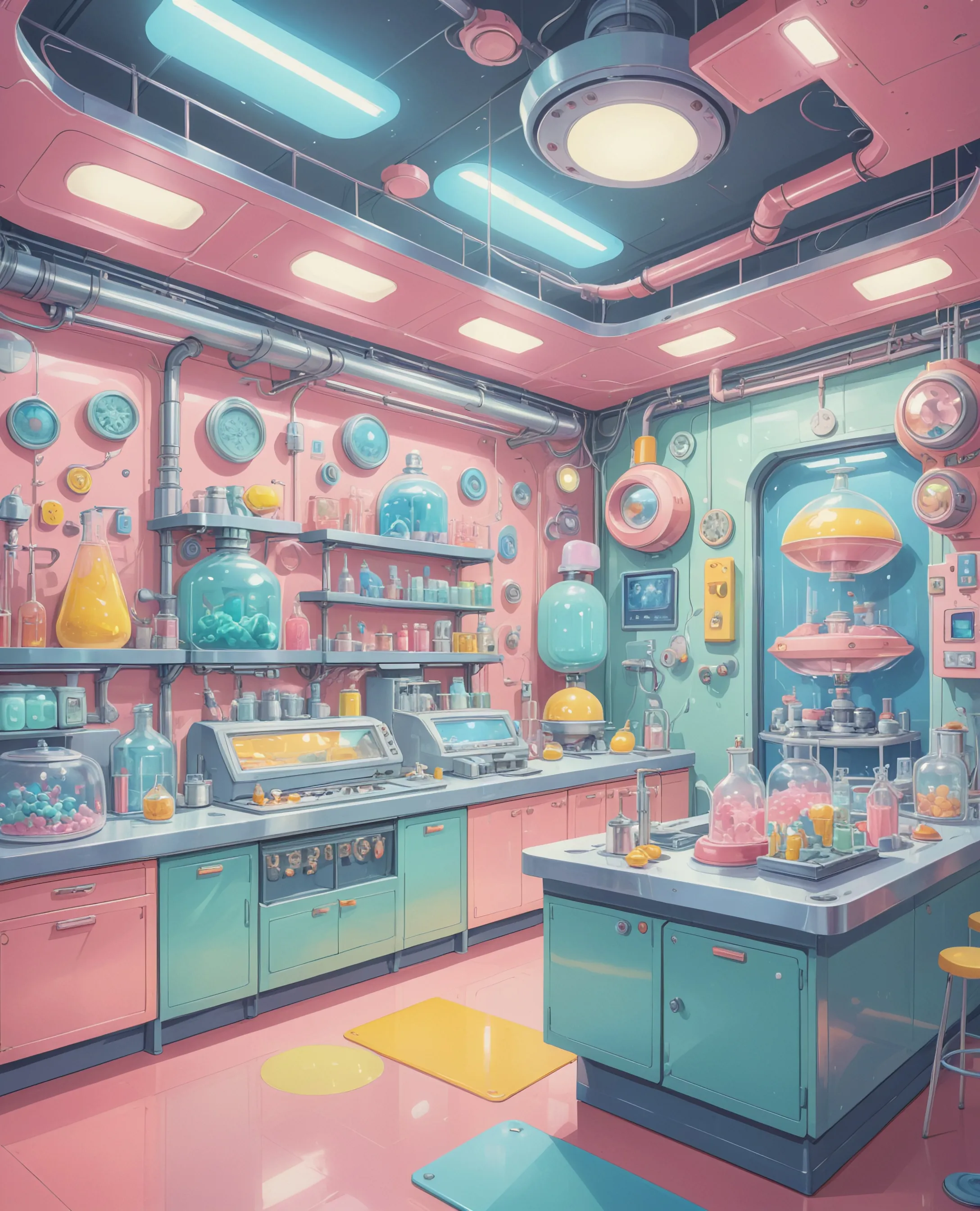 A pastel whimsical mad scientist laboratory station interior, large buttons, Test tubes, specimen tanks, observation tanks pink and blue steel panels, spaceship interior, cute, yellow and mint green