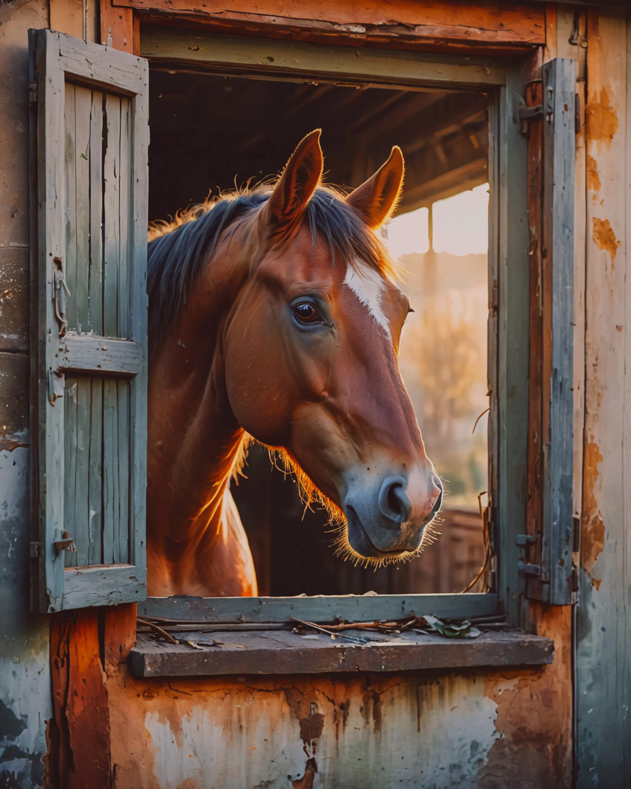 Head of a horse throw a window of a stable,gold,brown and sage green tones,fade watercolours 