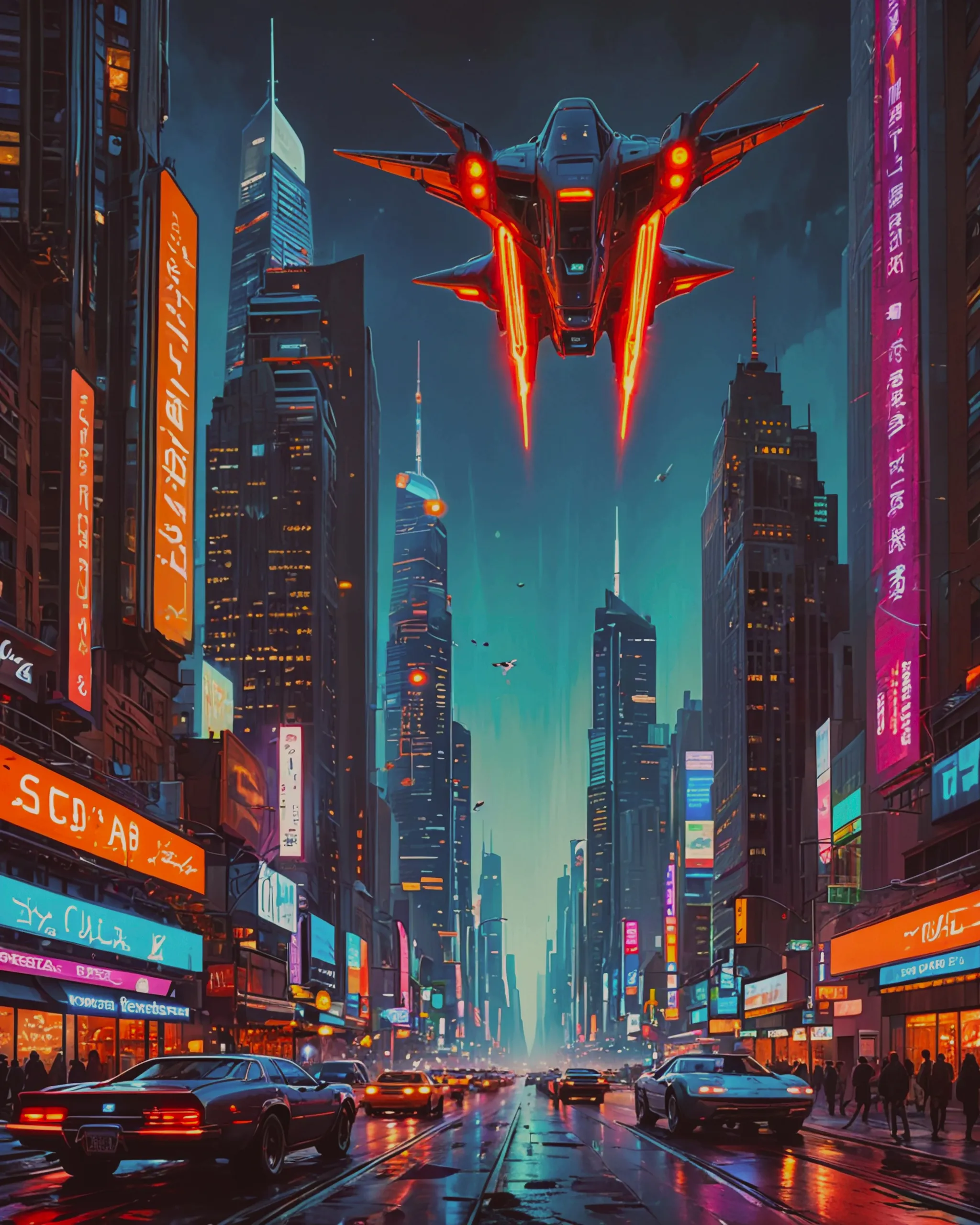         Epic digital painting, wide shot, futuristic cityscape with towering skyscrapers, neon lights, flying cars, bustling with people, intricate architecture, vibrant colors, by Syd Mead and Simon Stålenhag, concept art, highly detailed, dynamic composition, soft lighting, golden hour, award winning, trending on ArtStation, ambient occlusion, photorealistic, creating a sense of awe and wonder.