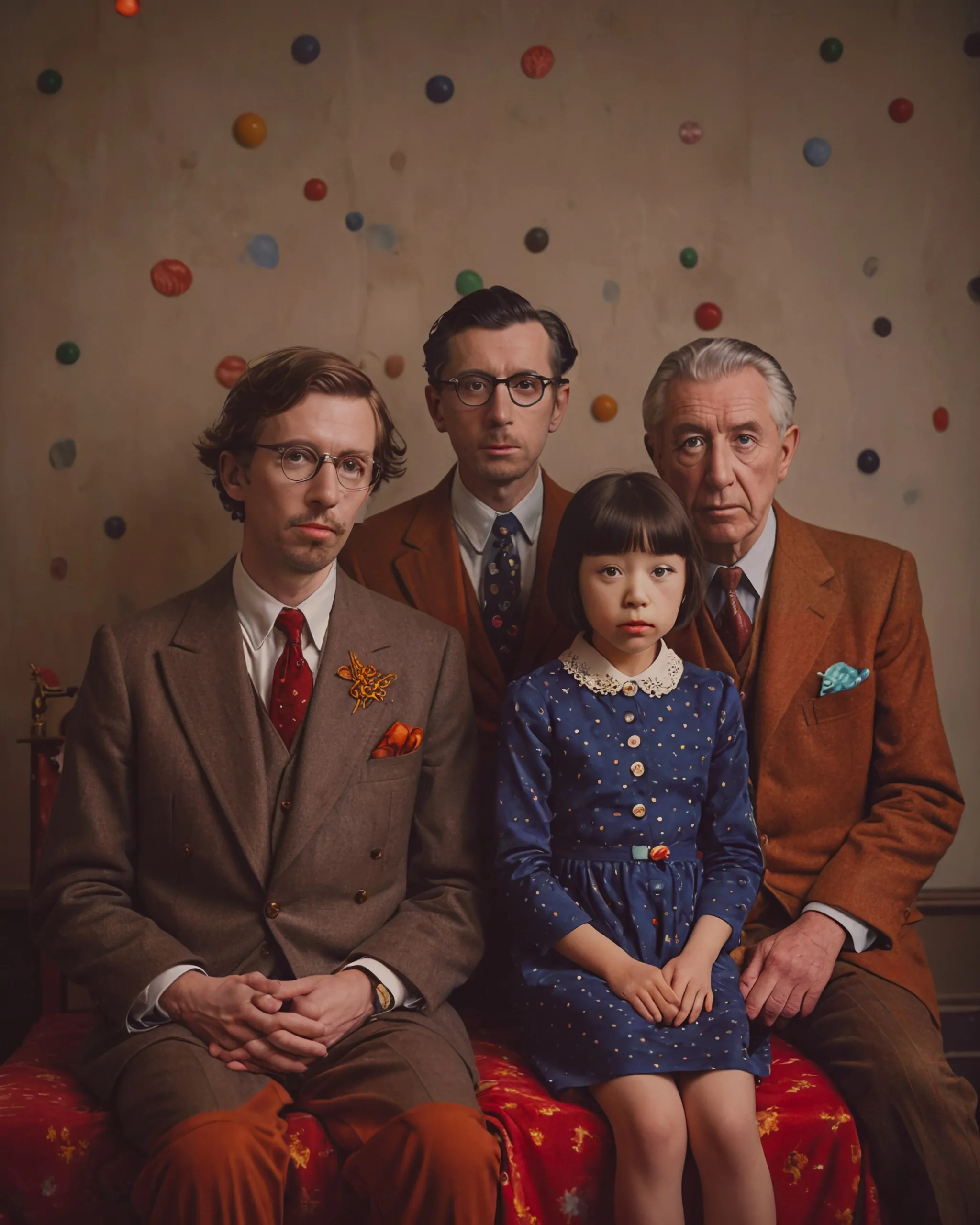 The grandfather, father and sons in a Wes Anderson film. “A legacy in a line” or “vapid memories in a Photo Booth”  Influences: Wes Anderson, Rene Magritte, man Ray, Yayoi Kusama 