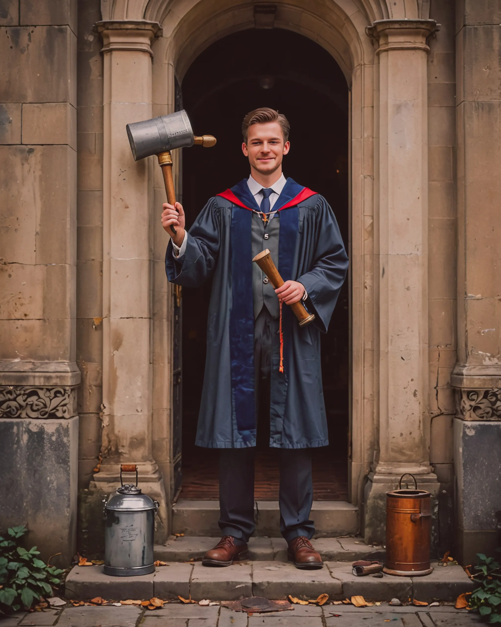 A boy stands outside a university building. He has just graduated, holding a hammer and screwdriver, he is ready to build his own legacy