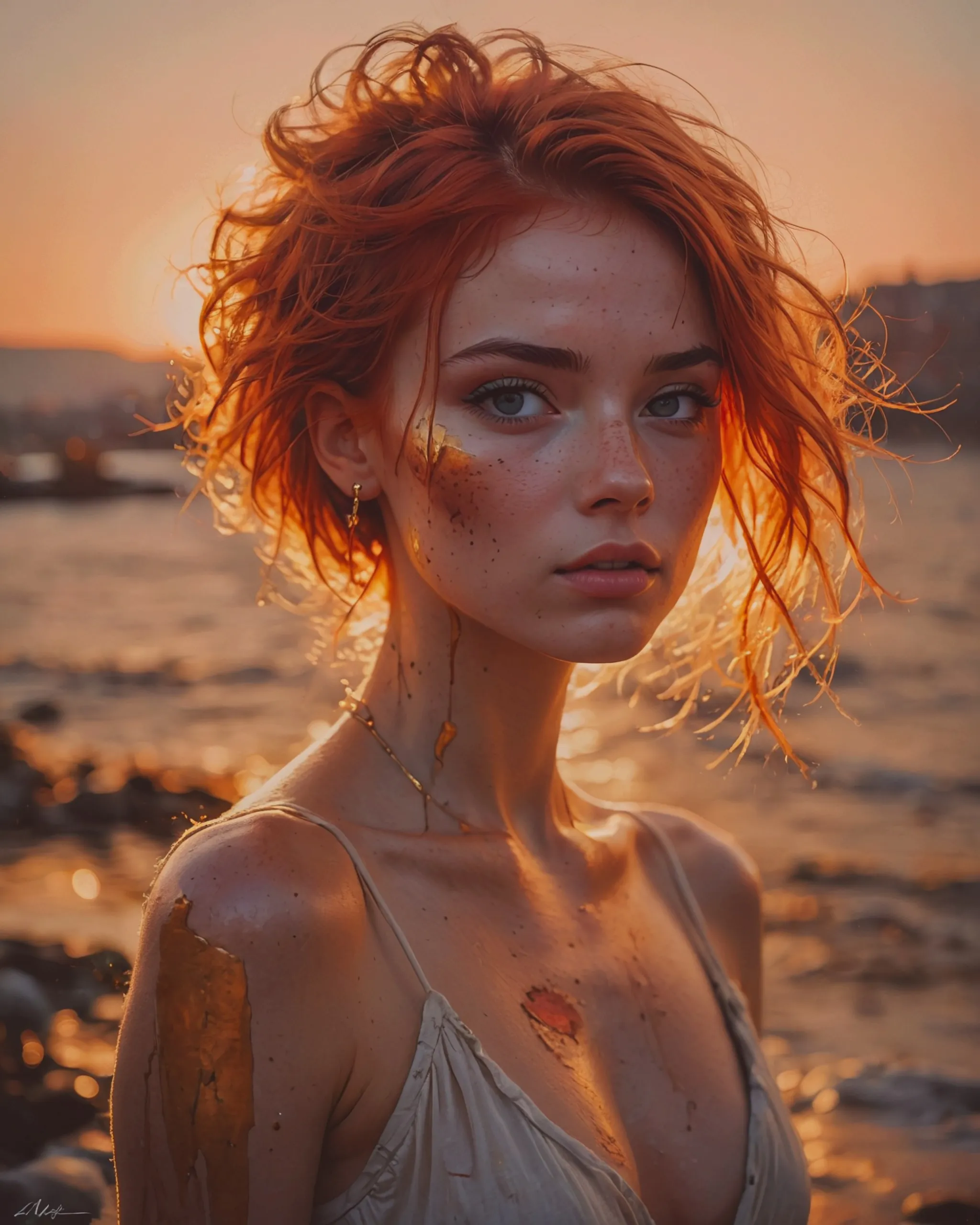 A breathtaking painting depicting a portrait of a young woman with pixie hair and captivating big eyes in sunlight by Alex Maleev, and Miles Johnston, strong and emotive facial expressions, incorporating delicate washes and mesmerizing warm tones, truly masterpiece of art, golden hour