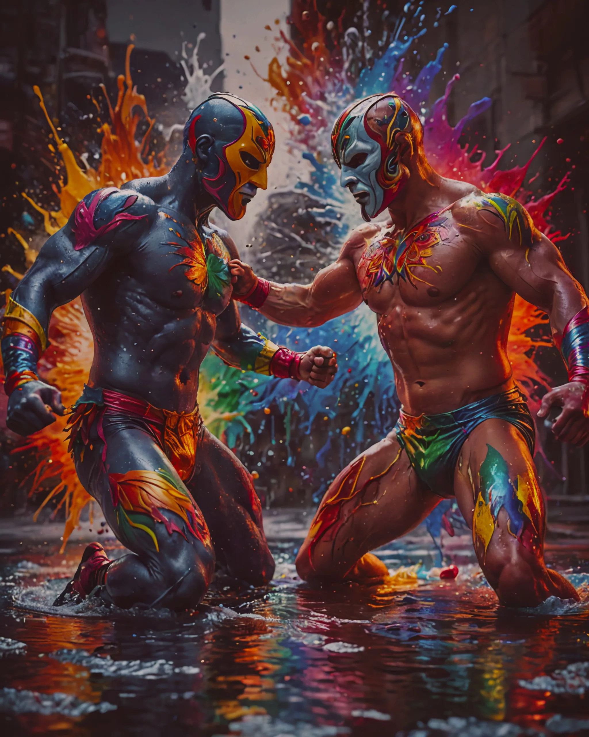 Gorgeous Hyper realistic luchadores wrestling in a pool of rainbow colored paint 