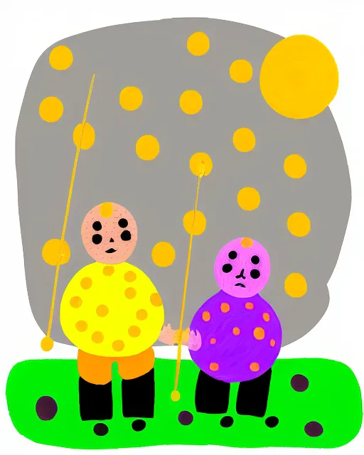 Father and son fishing, Pink dot, yellow dot, gray dot, violet dot, orange dot, blue dot, white dot, brown dot, gold dot, red and yellow dot, blue and black dot, pale green dot, dot art