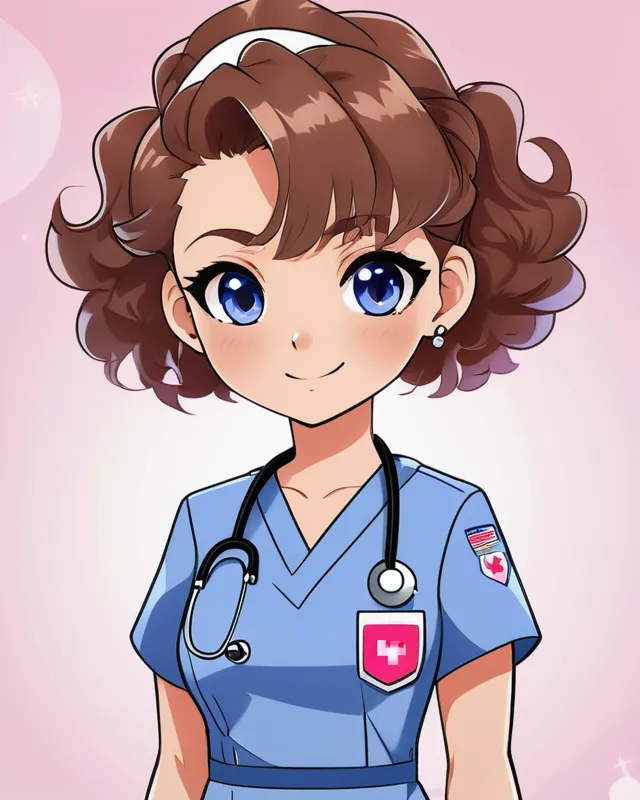 User Create An Image Of A Stylized, American Female Character With Oversized, Expressive hazel Eyes, Wearing periwinkle Nurse's Scrubs With A Playful Pattern Of Anime Theme-Icons With Wavy brown Locks Framing Her Face. Her Accessories Include diamond stud Earrings, And She Wears Trendy High-Top Sneakers With blue Accents To Match Her Uniform. The Character Is Standing Confidently With One Hand On Her Hip And The Other Pointing Upwards, As If She Is Presenting An Idea Or Giving Directions. The Overall Style Is Cute, Vibrant, And Conveys A Sense Of Professionalism Mixed With Fun.   