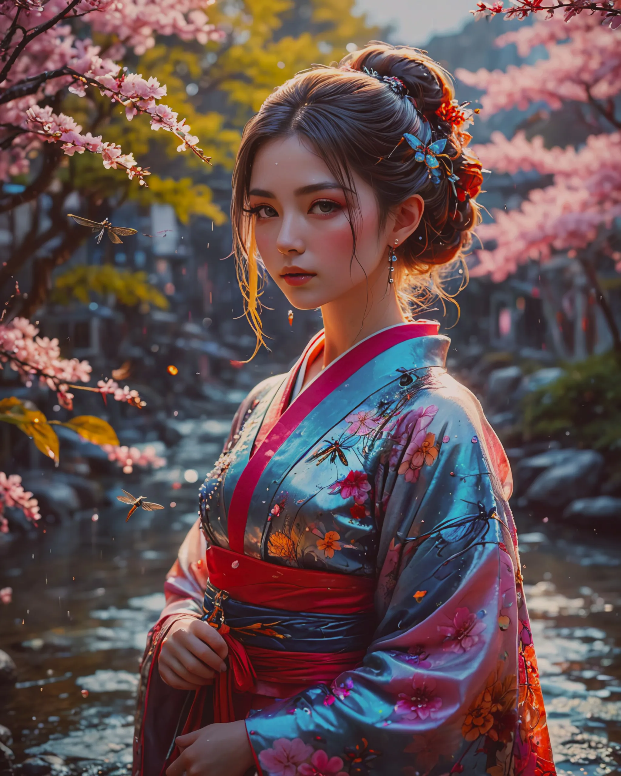 shukezouma, octane render, hdr, (hyperdetailed:1.15) , (soft light, sharp:1.2) , 1girl, beautiful girl, ultra detailed eyes, mature, plump, thick, Opal drops, paint teardrops, woman made up from paint, entirely paint, splat, splash, long colored hair, kimono made from paint, ultra detailed texture kimono, Opalescent paint kimono, paint bulb, Water drops, (hair ornaments, earrings, flowers hair ornaments, Dragonfly hair ornaments) , outdoors, sakura trees, Vivid colors, 16k, UHD, HDR10, (Masterpiece:1.5) , Absurdres, (best quality:1.5) Model: Lyriel 1. 5