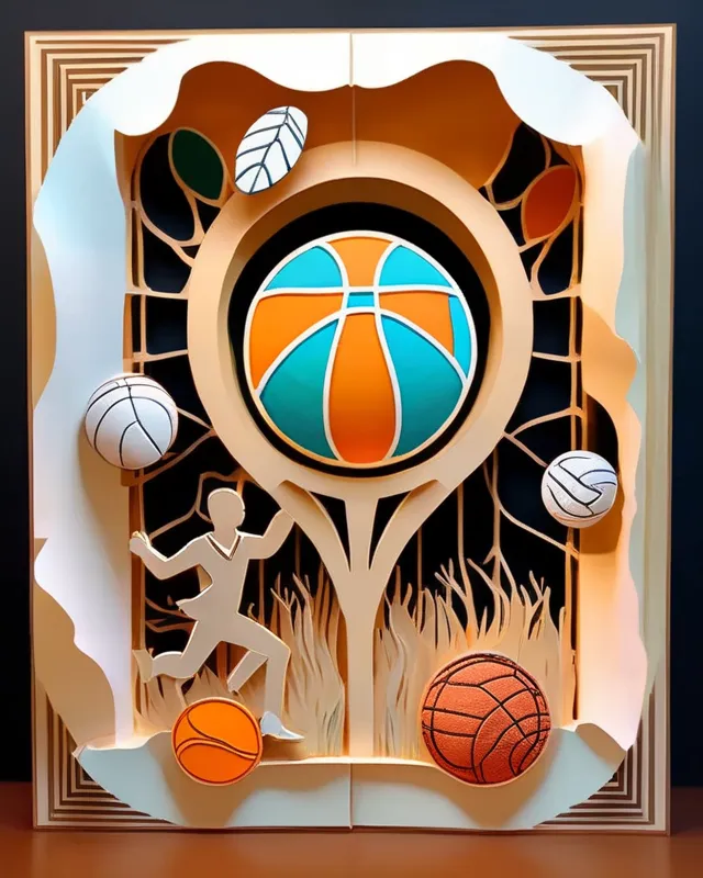 Generate a colorful, abstract representation of various sports. The scene includes an open field bathed in sunlight, with symbols and equipment associated with different sports blending seamlessly together. The design can include a basketball morphing into a soccer ball, a tennis racquet blending with a cricket bat and so on. There should be an overall sense of motion and energy in the image.