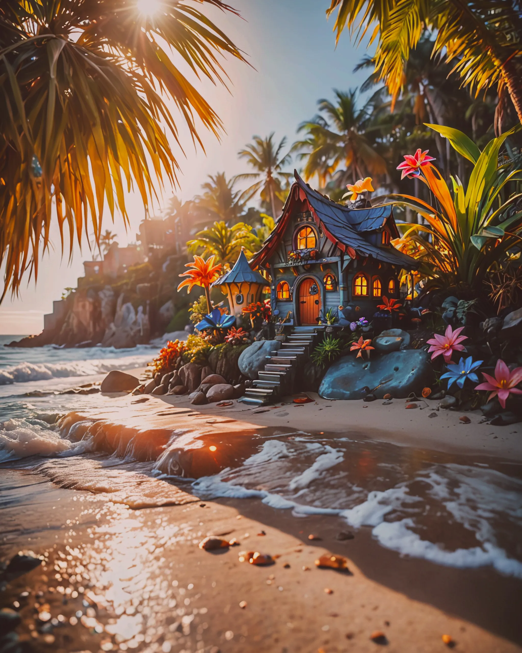 A cute fairy house on beach waves - Free AI Photo Generator - starryai