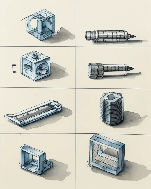 Technical drawings of impossible objects, pen and ink, watercolor wash, clean, mechanical, vivid