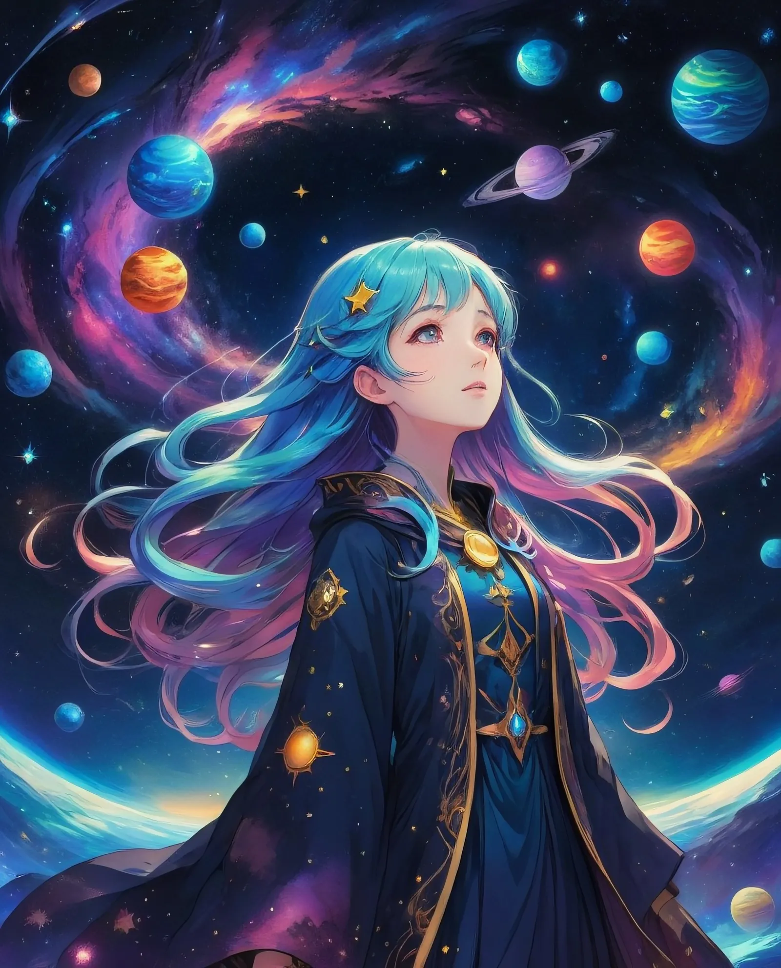 female. long galaxy colored hair, - Free AI Photo Generator - starryai
