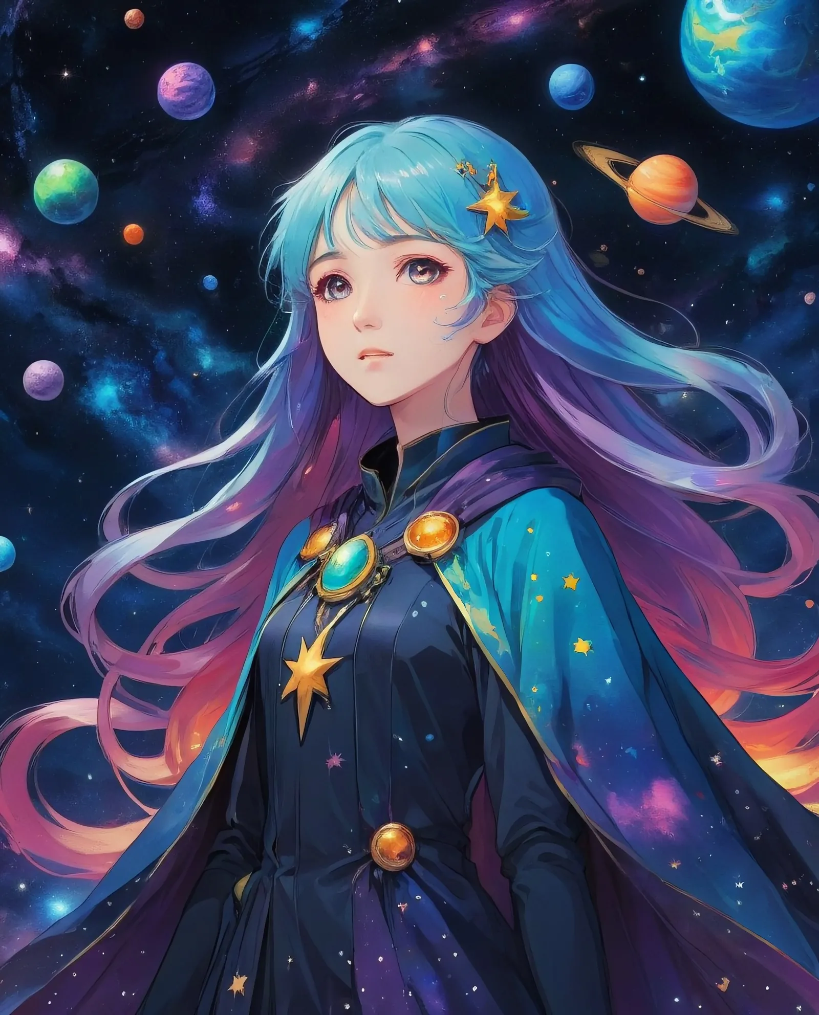 female. long galaxy colored hair, - Free AI Photo Generator - starryai