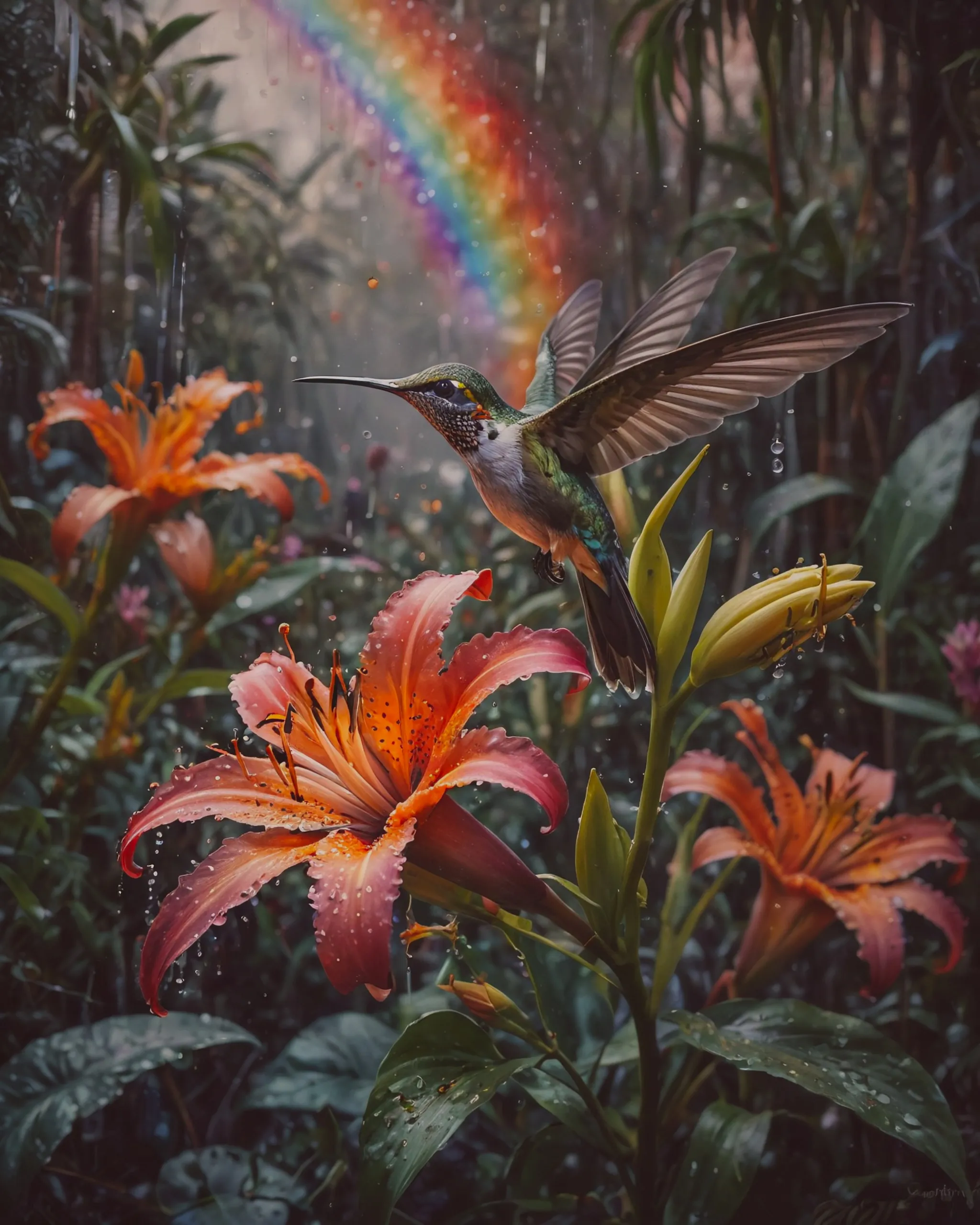 Rainbow lilies, hummingbird