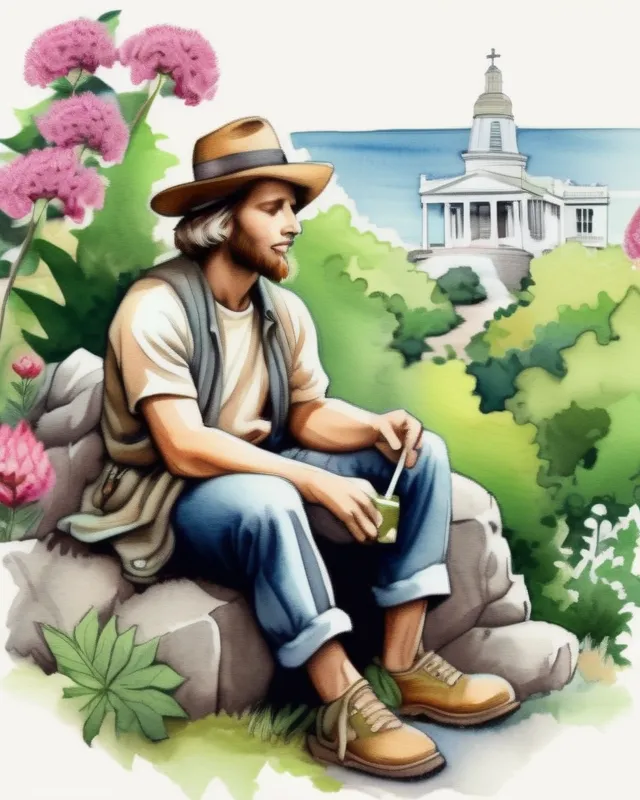 A pilgrim smoking a joint sitting 