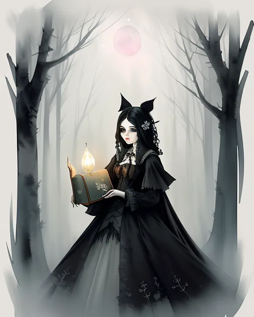 Gothic Lolita vampire in a foggy forest