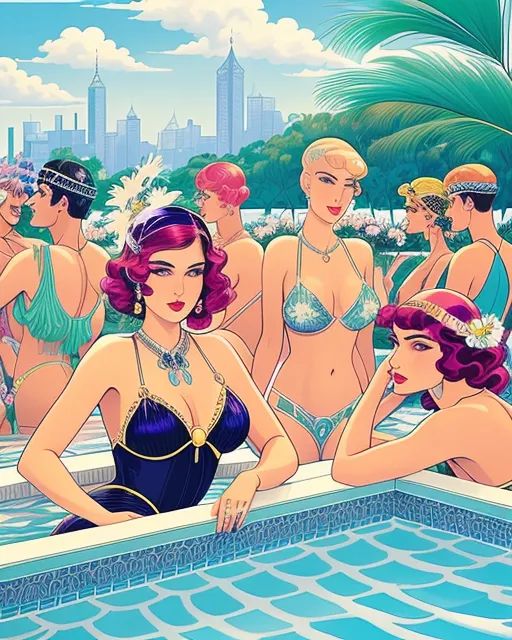 A grande pool party scene at a handsome millionaire’s luxurious mansion the 1920’s, wealthy couples holding champagne glasses and opera length cigarette holders, reflecting flapper fashions, elegant, 1920’s Long Island, (((daisy flowers))) (((painted))) on everything, detailed faces, beautiful people