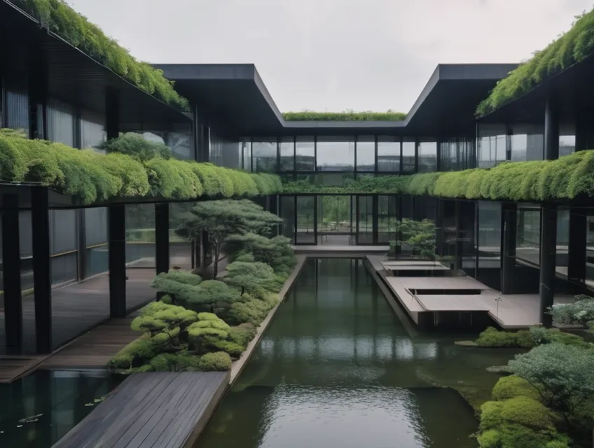 Urban Utopia, Japanese city futuristic eco-temple with a variety of plants, shrubs, and trees arranged in accordance with the principle of harmony in architecture and design, inspired by Tadao Ando, beautiful, detailed, hd, 8k