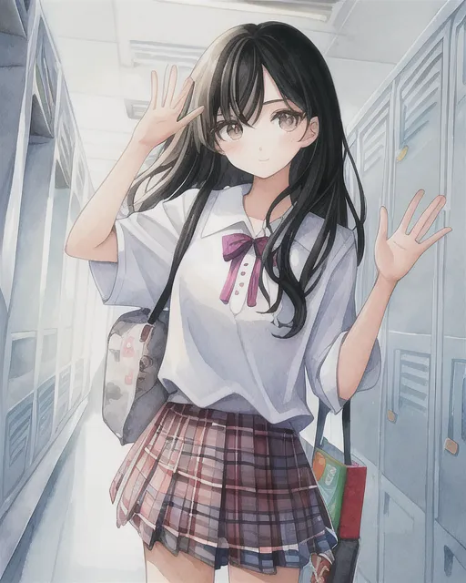 a teenage girl grabbing books from a locker at high school with brown hair and a school uniform with black pants and a pink t-shirt while waving to someone