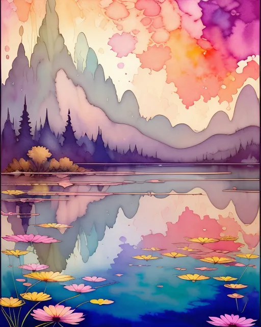 Surreal psychedelic wildflower field with distant melting mountains, vibrant watercolor washes, bleeding ink outlines, liquid rainbow petals, swirling color gradients, dissolving peaks, ethereal mist, flowing pigments, dripping textures, blending boundaries, dreamlike soft edges, cosmic splatter effects, reality-bending brush strokes, overlapping translucent layers, fluid color transitions, abstract floral forms, watery reflections, ink-blot mountains.