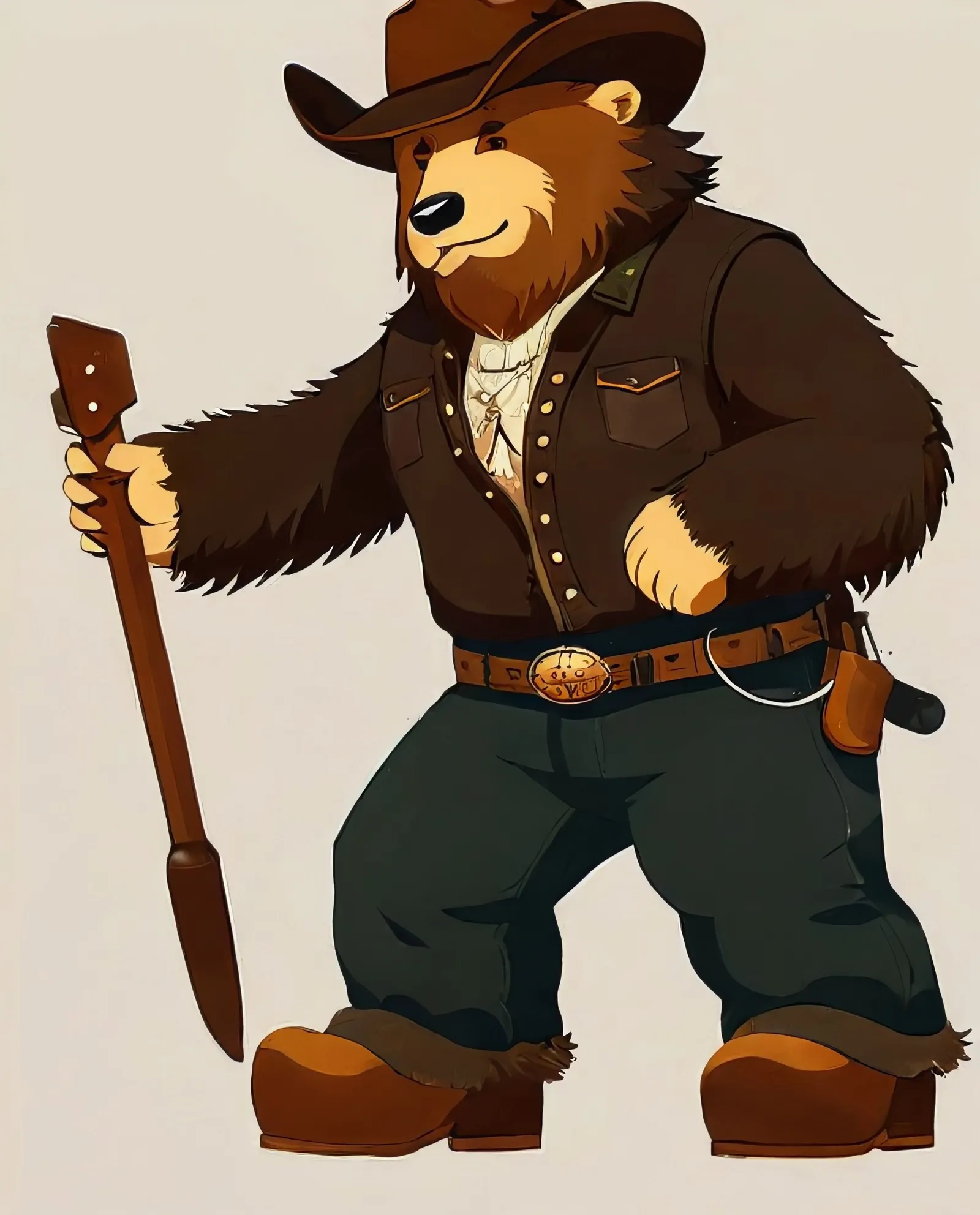 , digital art, 4k, character illustration, full body image, brown bear, wearing cowboy clothing crisp, clear, 