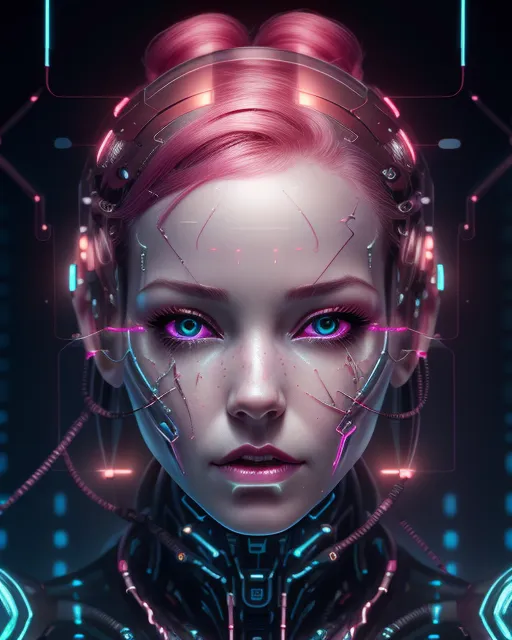 portrait of a woman with half mechanical face and cyborg eyes, glowing red cyber eye, cracked skin, high quality, high details, sharp focus, high contrast, shining and sparkling, dark colors, beautiful girl face pink  hair