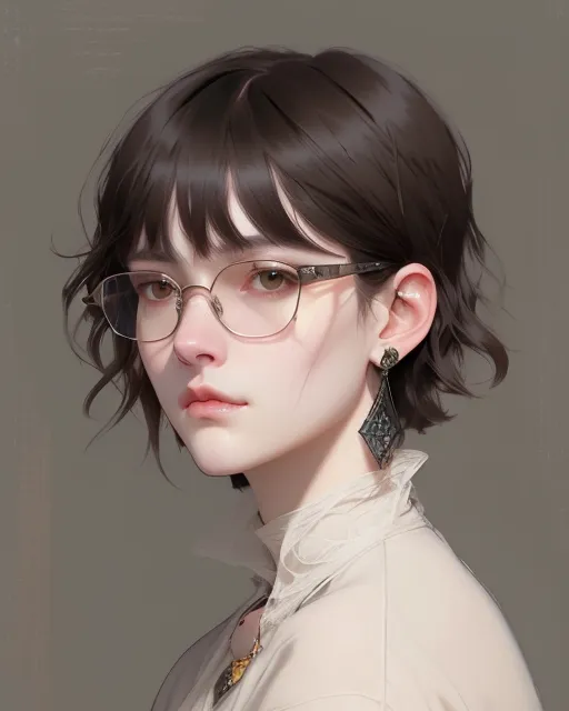 Short brown hair with bangs, with brown eyes, with glasses, with a beauty mark on her cheek 