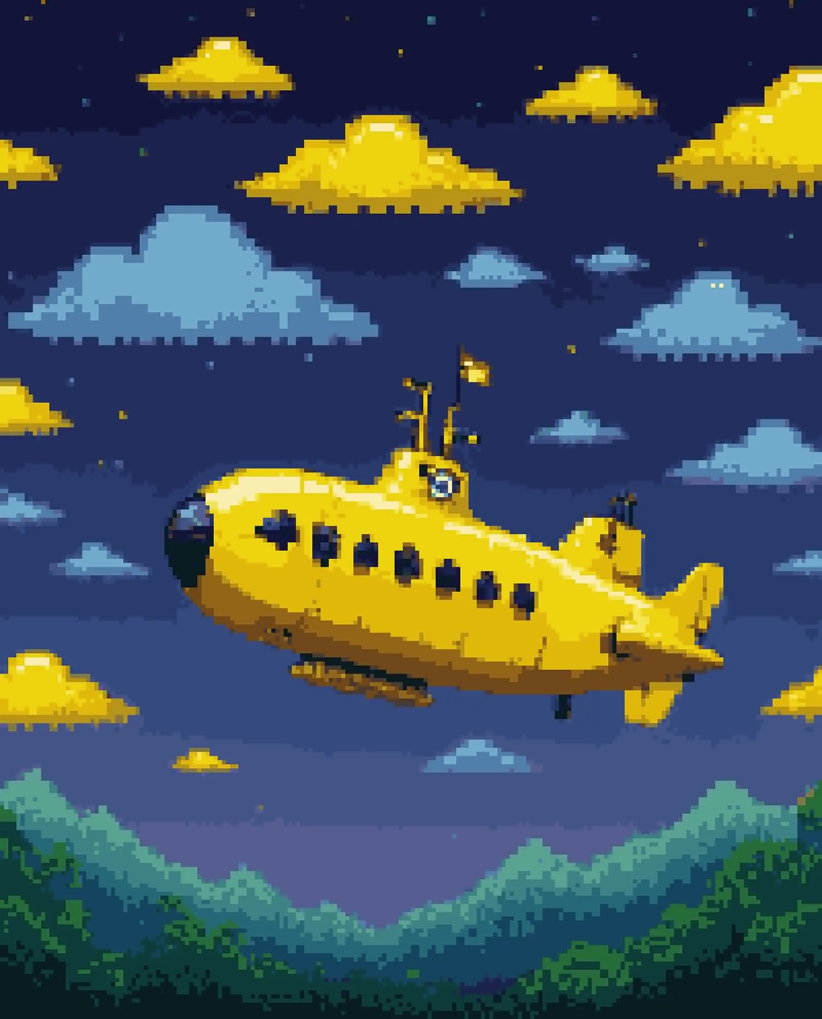 Yellow Submarine flying in sky illustration 