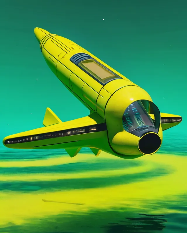 Yellow spaceship in green ocean 2163