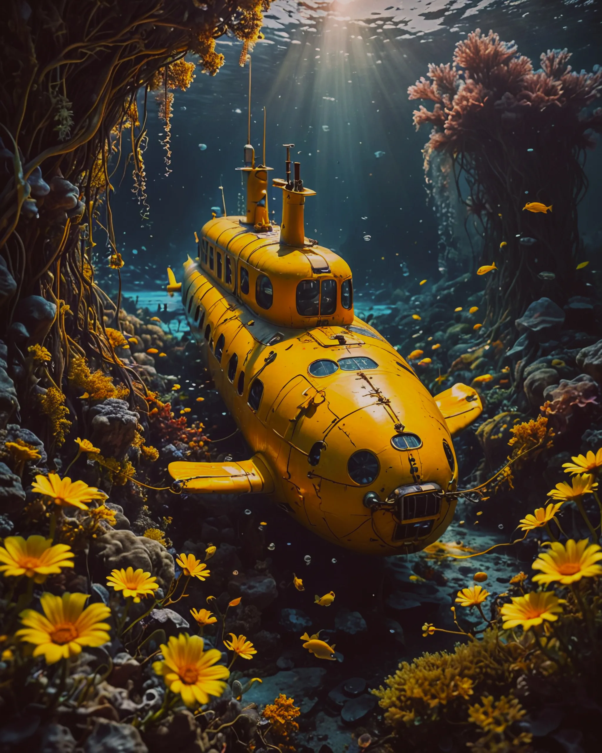 A yellow Submarine tangled in water ropes, submerged deep in the ocean floor, with yellow fuel leaking below and yellow flowers spouting off the top.