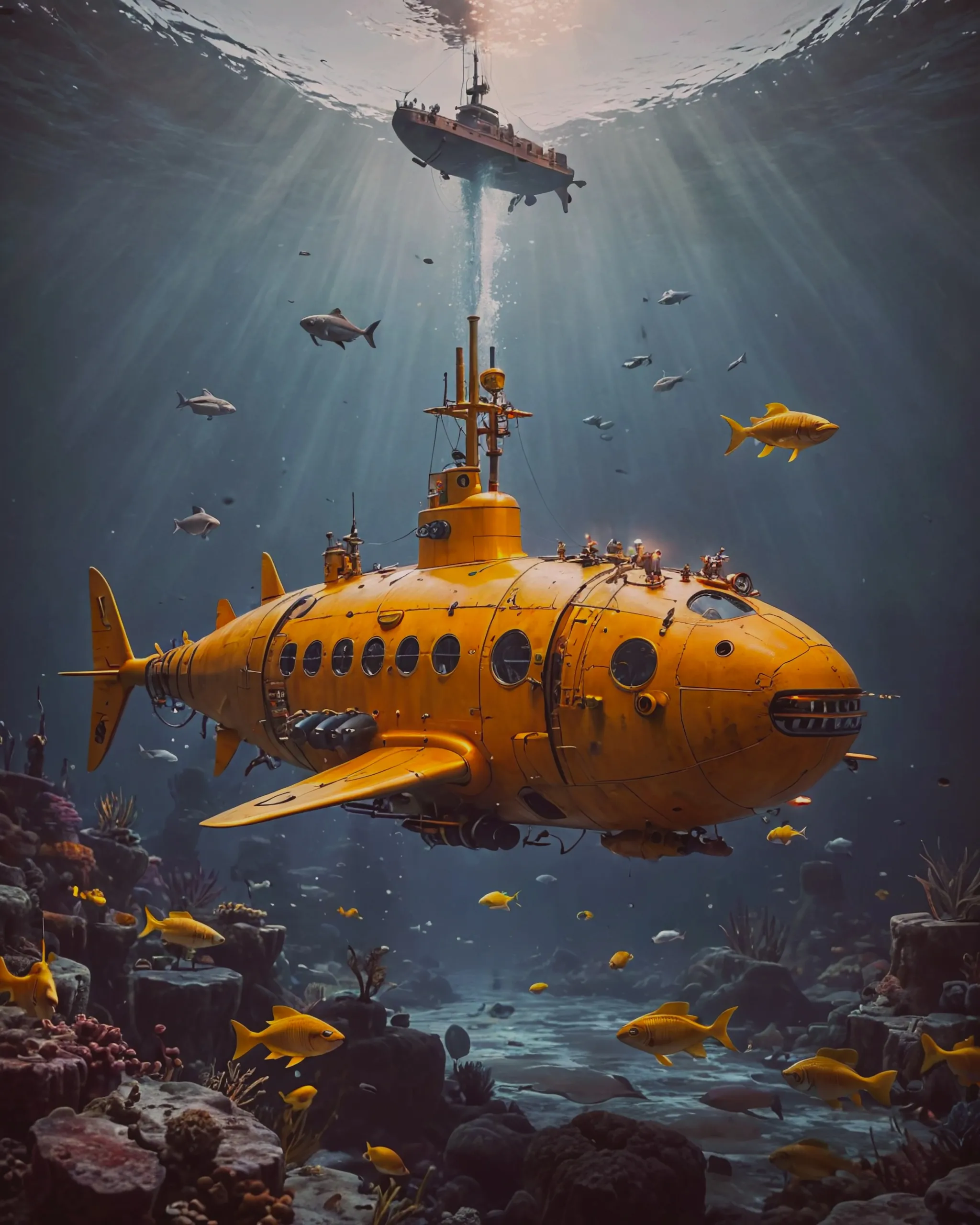 Yellow submarine sea Swordfishes - Free AI Photo Generator - starryai