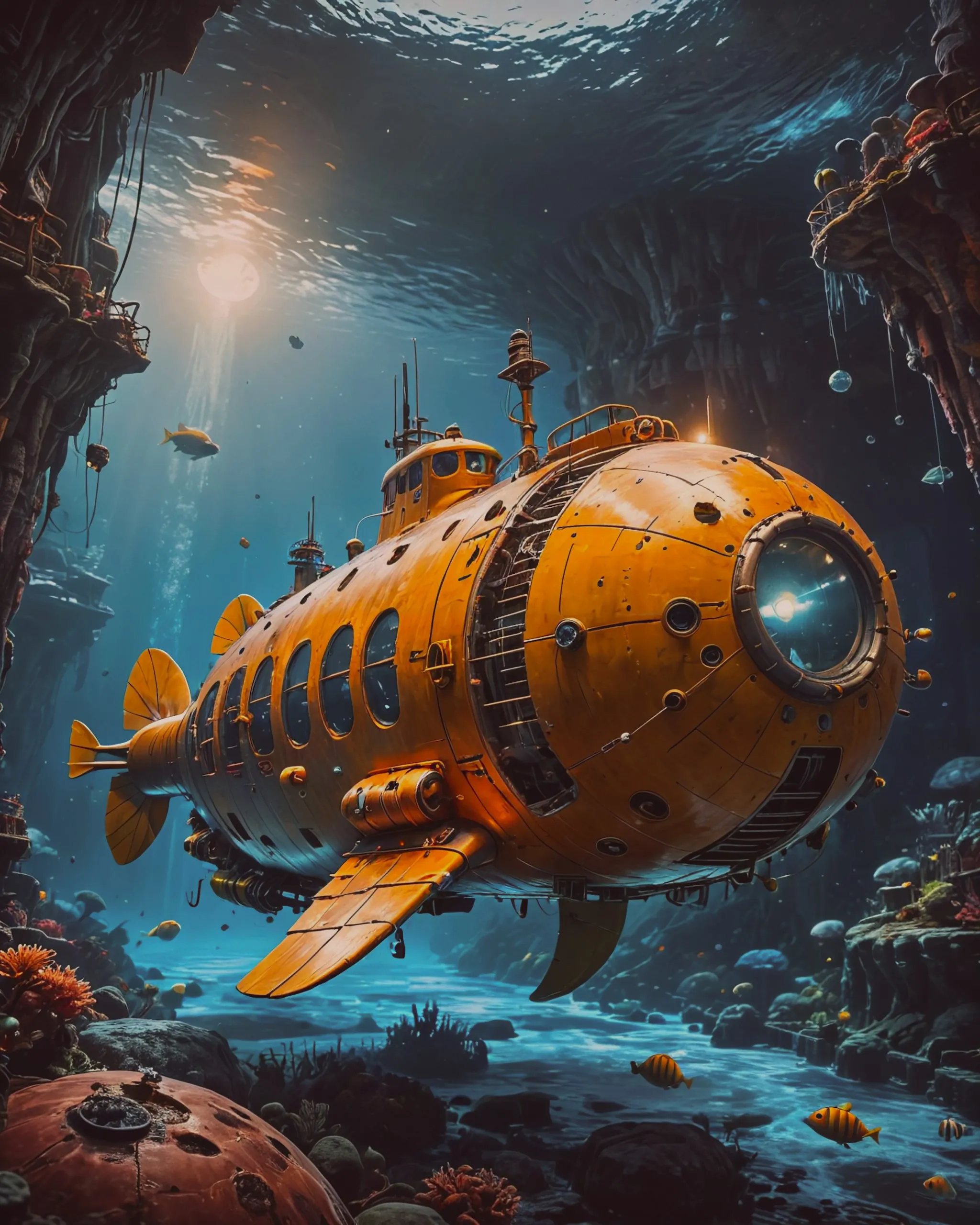 Yellow Jules Vern Nautilus Submarine, dynamic, unique composition, CryEngine, Concept Art