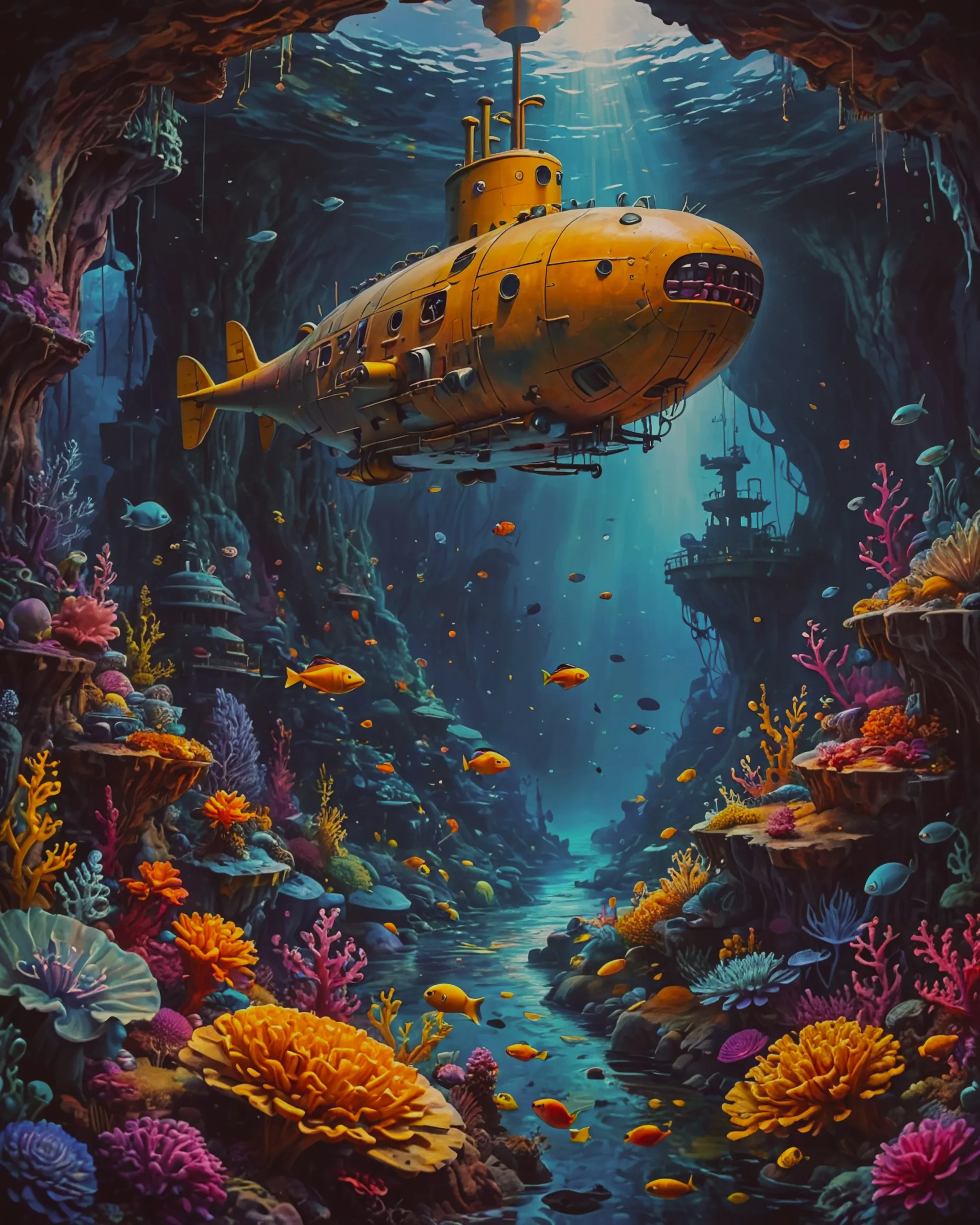 Yellow submarine exploring the magical undersea floor; (colorful); (vibrant); magical; digital art; painting 