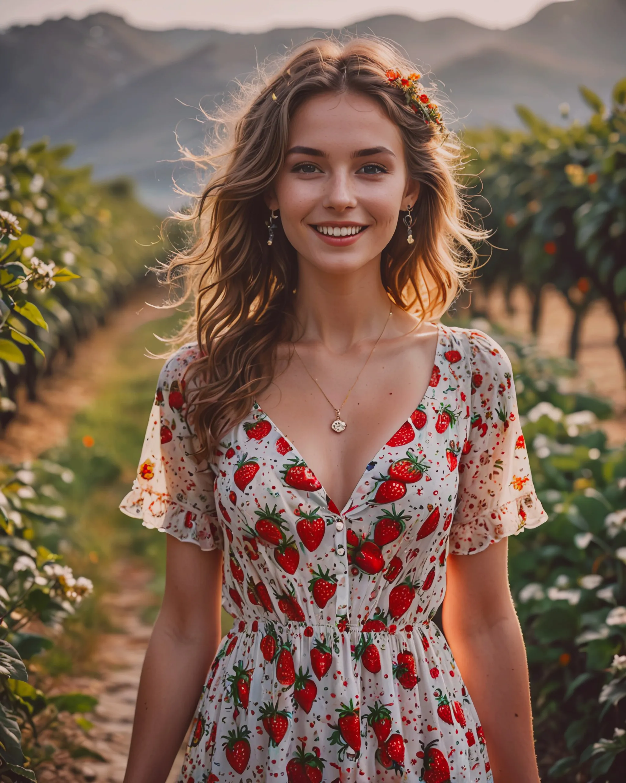 strawberry print, food print, floral print, 1girl, 25 years old, necklace, solo, print dress, open mouth, jewelry, strawberry, small bust, open clothes, lips, long hair, upper body