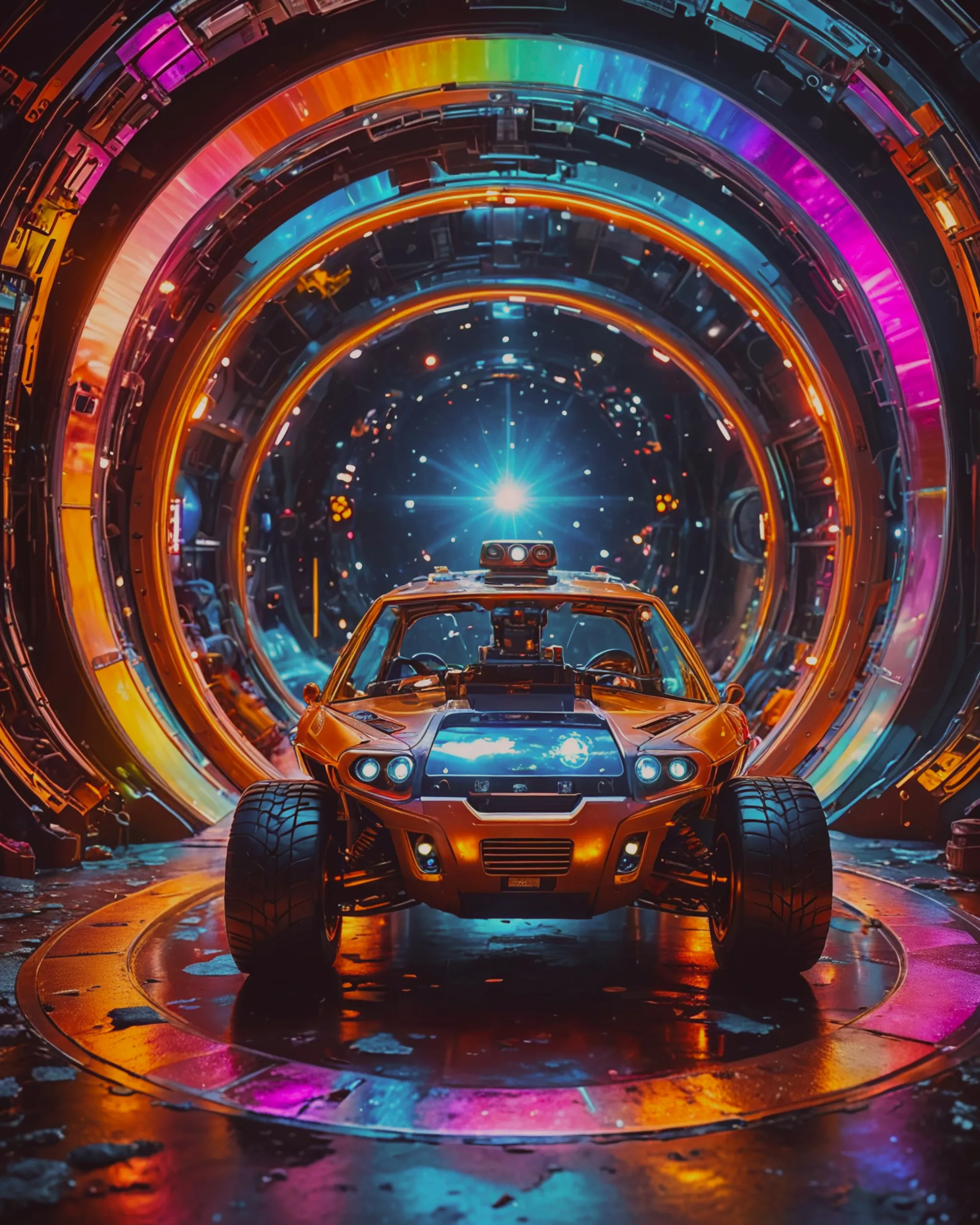 Cute space rover opens a vault exposing a color splash down, vibrant colors, ultra hd, 4k, ultra realistic 