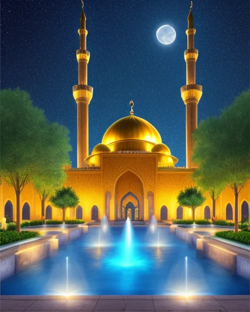 Amazing golden mosque, fantasy pools and fountains, beautiful trees, beautiful flowers, amazing views, starry night, full moon, 4k, uhd, very detailed, blue silver highlight, digital art, masterpiece