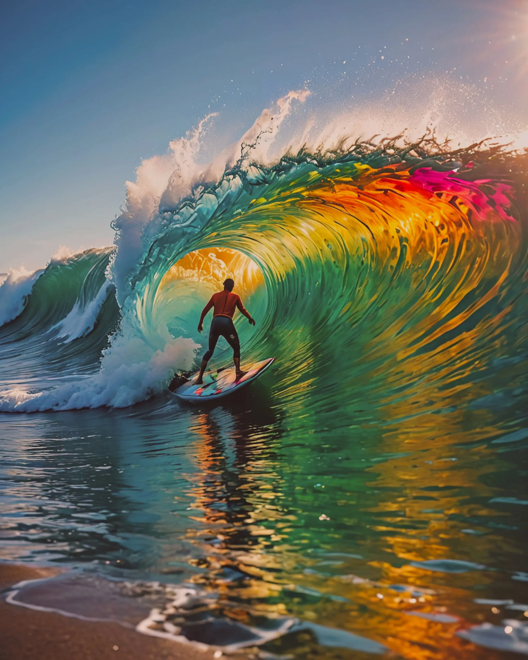 Tidal wave of rainbow paint, massive colourful barrel wave, surfer