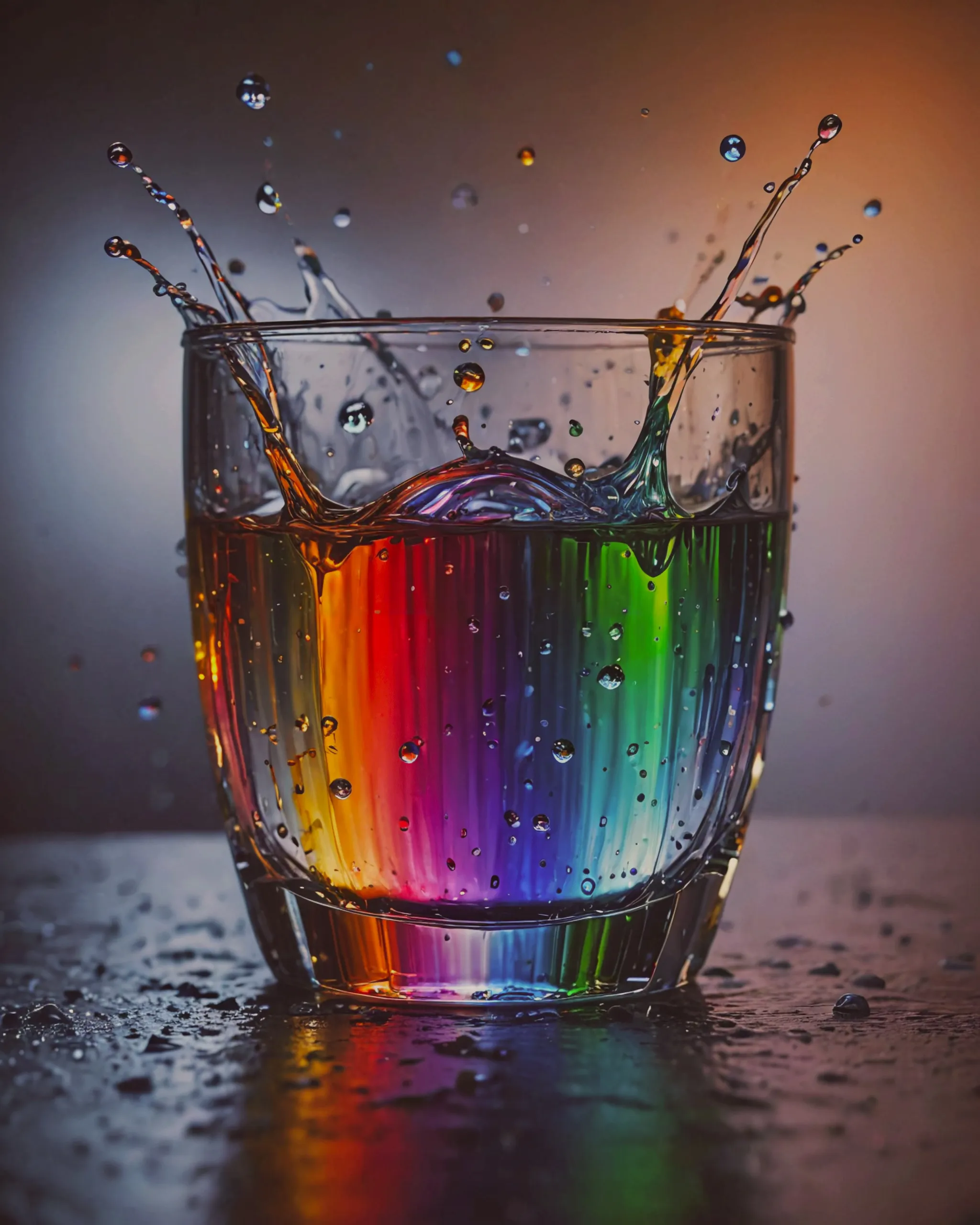 High speed camera shot of rainbow droplets splashing into a glass, high resolution, slow motion photography, macro