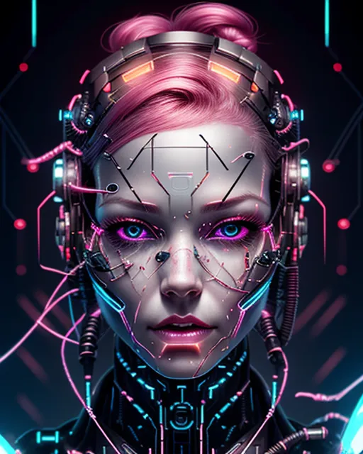 portrait of a man with half mechanical face and cyborg eyes, glowing red cyber eye, cracked skin, high quality, high details, sharp focus, high contrast, shining and sparkling, dark colors, beautiful girl face pink  hair