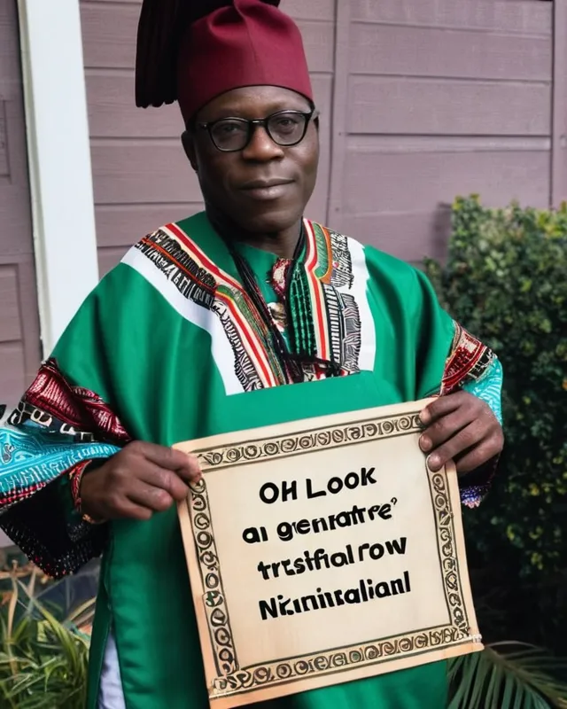 A Nigerian Prince holds up a handwritten sign that says "Oh look, AI can generate these signs now"