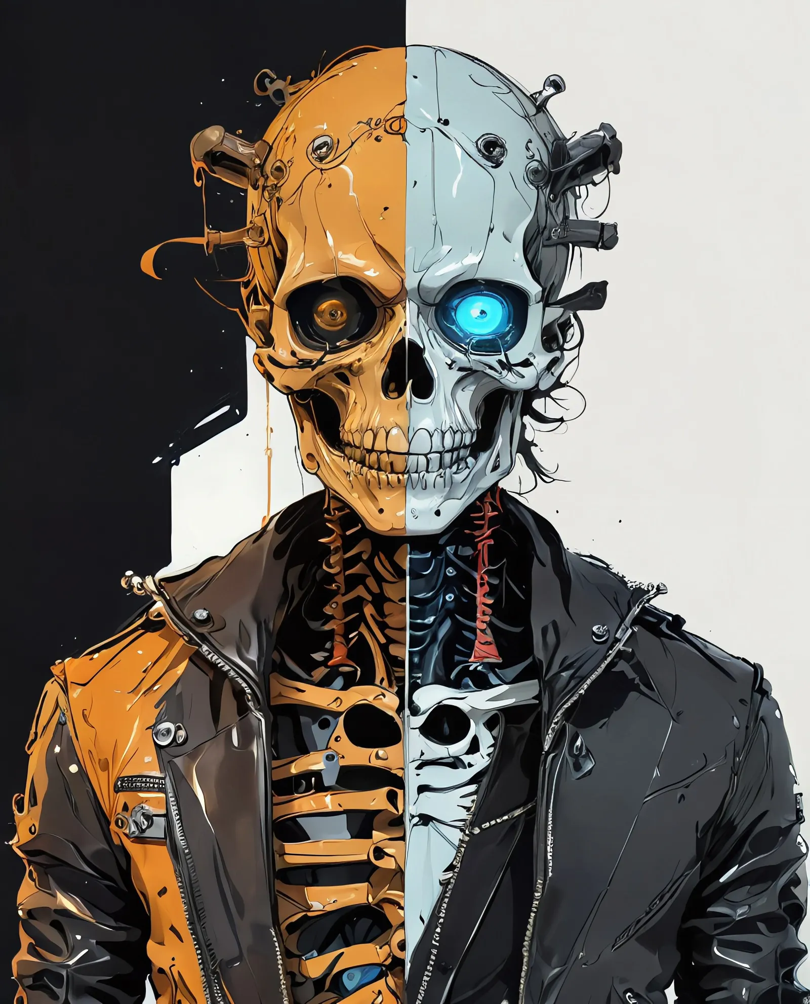 A skeleton wearing a leather jacket with a hand coming out of its head