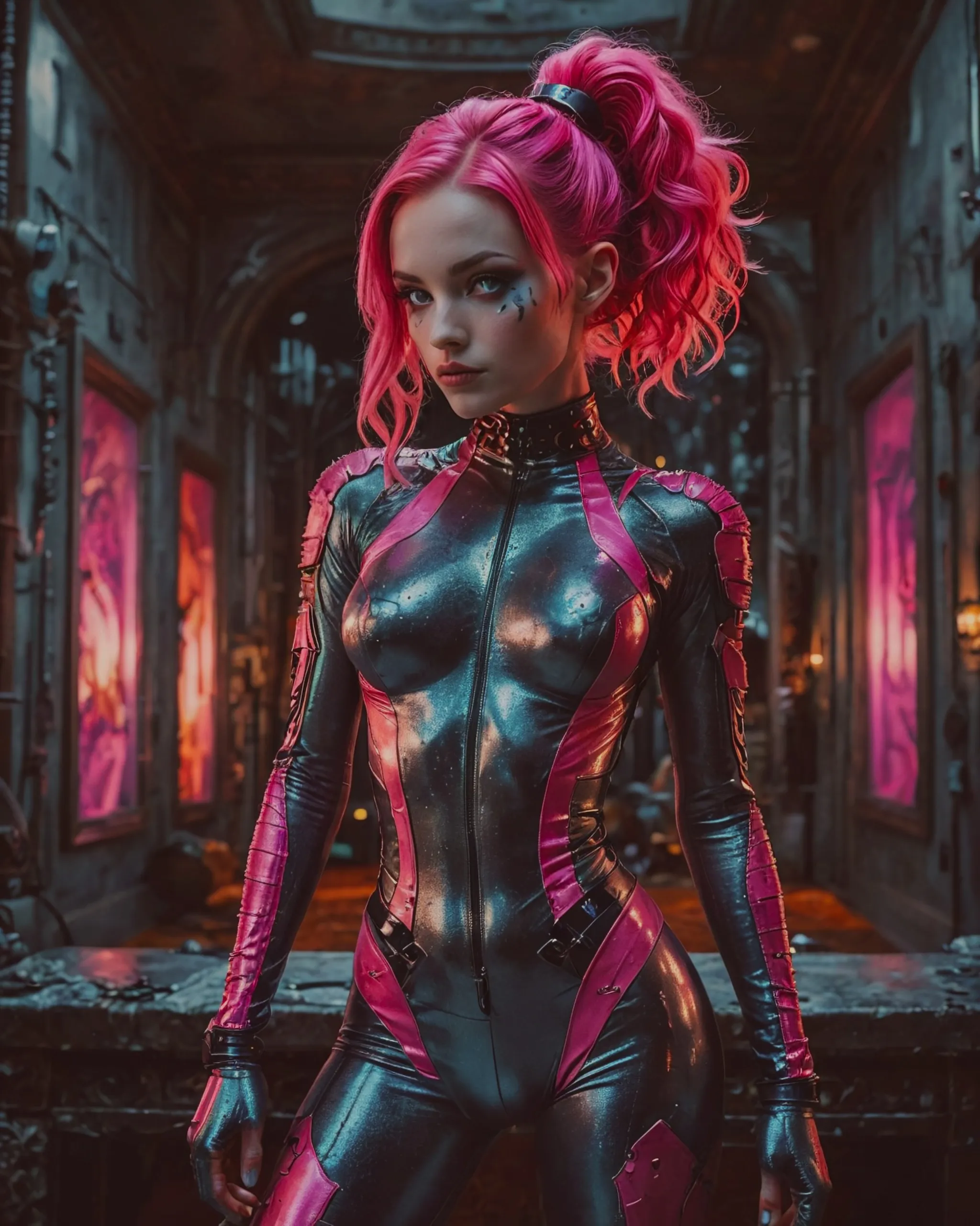 Stealing a beautiful chrome statue of a woman from a futuristic mansion. Girl with braids, pink hair. Dressed in a spandex chameleon body suit, with leather halters, belts and straps. The Chameleon suit changes colors to blend into the background. Futuristic. 