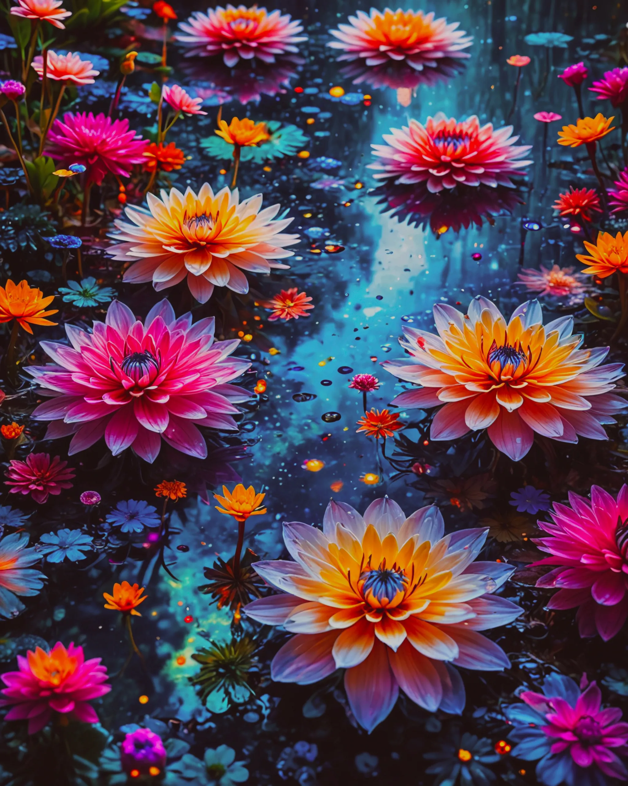 An underwater field of exotic flowers. Colourful ink in poured on them from above and the most colourful magical universe exists