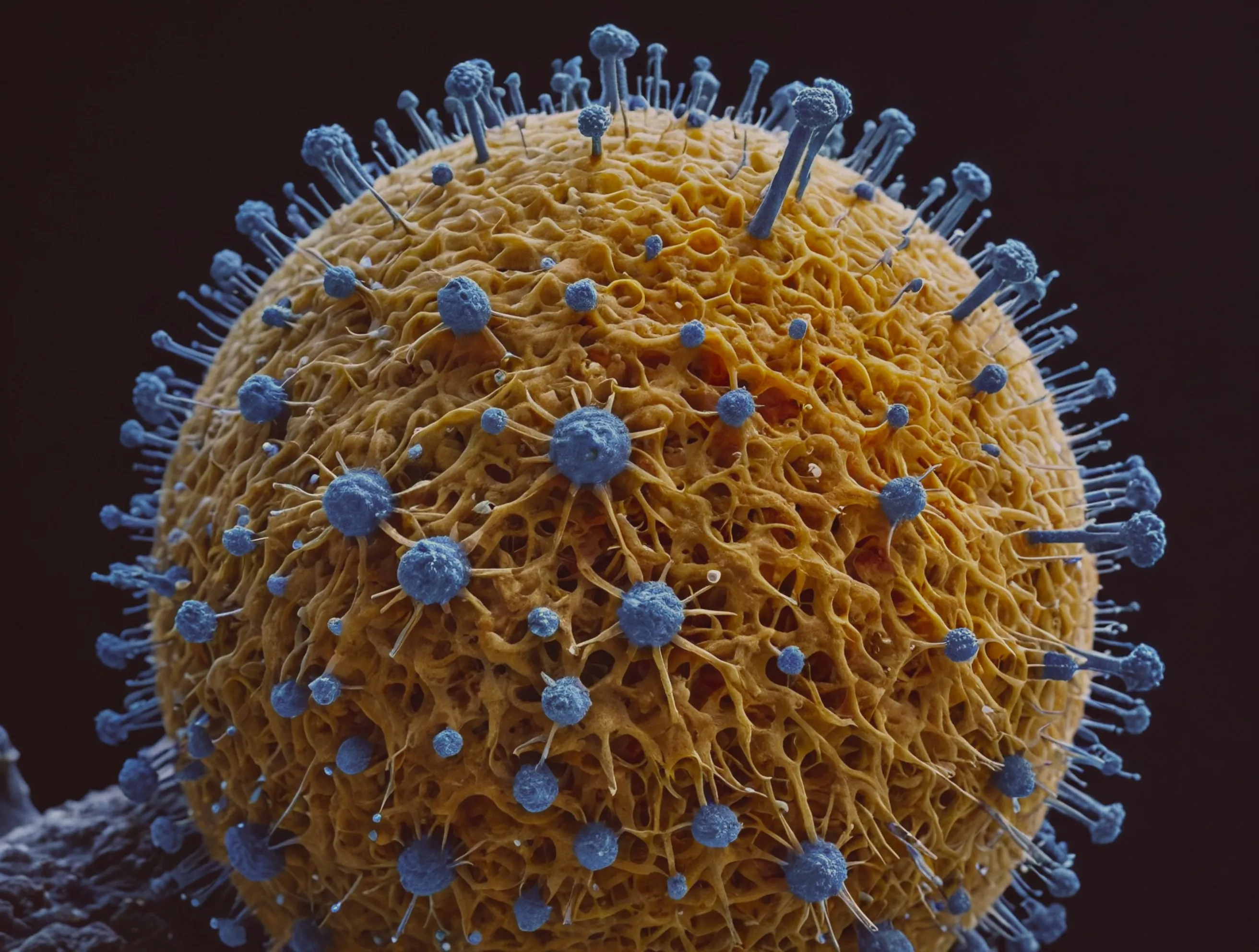 a scanning electron microscope (SEM) image of an Ebola virus-infected cell. The central, spherical object is likely the infected cell, and the numerous, thread-like structures extending from it are likely viral particles. The viral particles are relatively long and thin, with a slightly curved or helical shape. The cell and viral particles are stained in contrasting colors, likely blue and yellow, for easier visualization. The background appears dark and slightly grainy, typical of SEM images.
