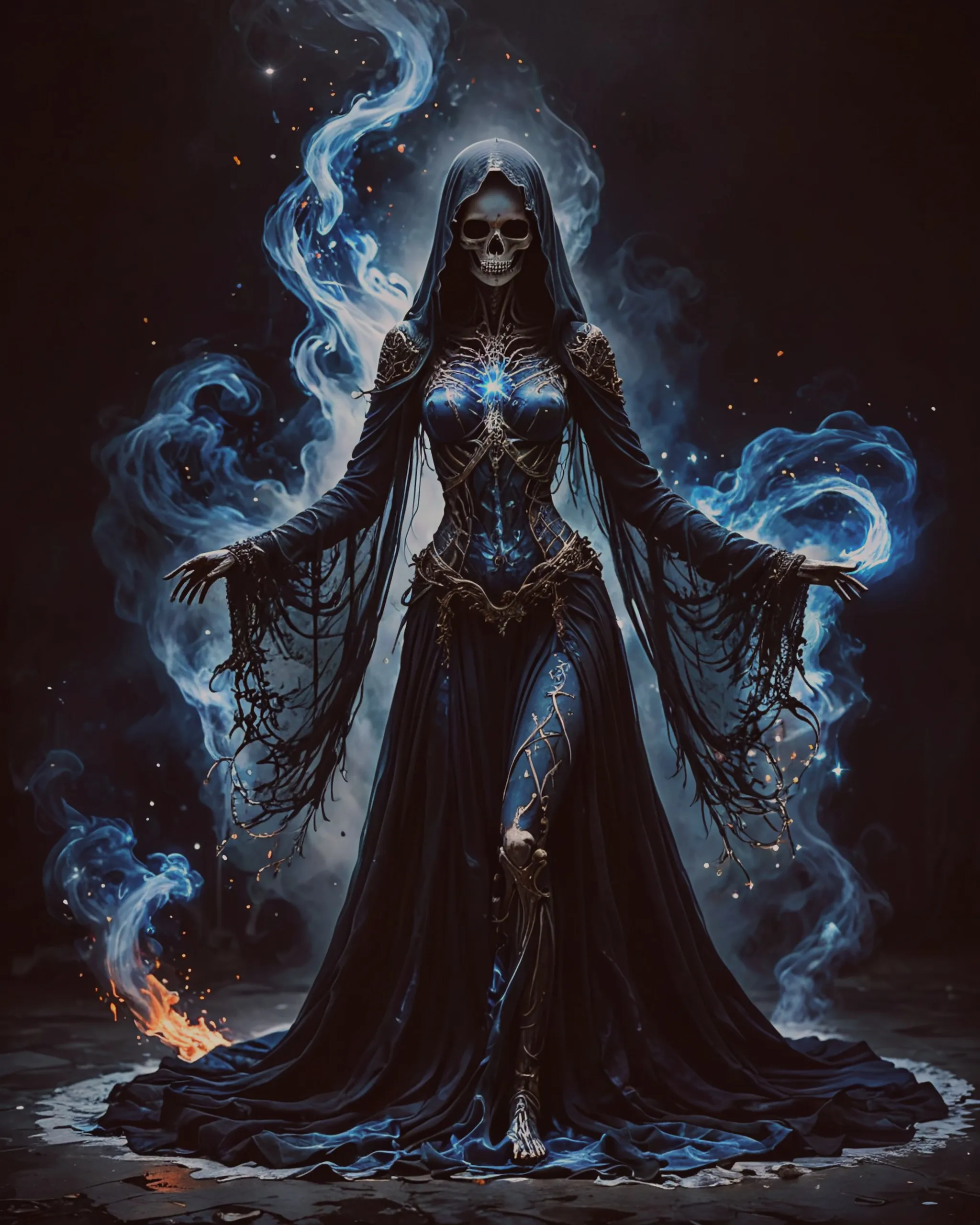 A skeletal figure with an eerie, ghostly presence. She appears to be engulfed in a blue, ethereal flame that emanates from her head and upper body. The flames create a dramatic contrast against the dark, shadowy background, emphasizing the otherworldly and spectral nature of the figure. Her posture is slightly hunched, adding to the haunting and unsettling atmosphere of the image. The use of light and shadow, along with the abstract, almost chaotic energy surrounding the skeleton, creates a sense of movement and dynamism.