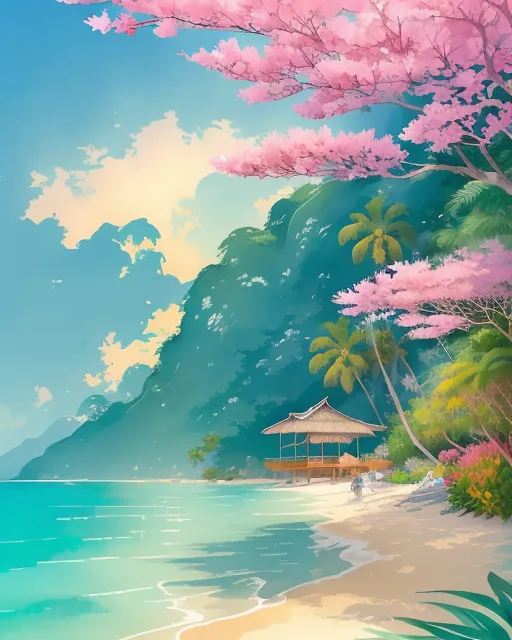 a serene, tropical island bathed in golden sunlight, surrounded by crystal-clear turquoise waters. The beach is lined with swaying palm trees and vibrant flowers, leading to a tranquil lagoon where exotic birds and butterflies flutter. A waterfall cascades gently into a natural pool, and a cozy hammock is nestled between trees, inviting relaxation. The scene exudes peace, beauty, and a sense of untouched, natural bliss—a perfect escape from the world.