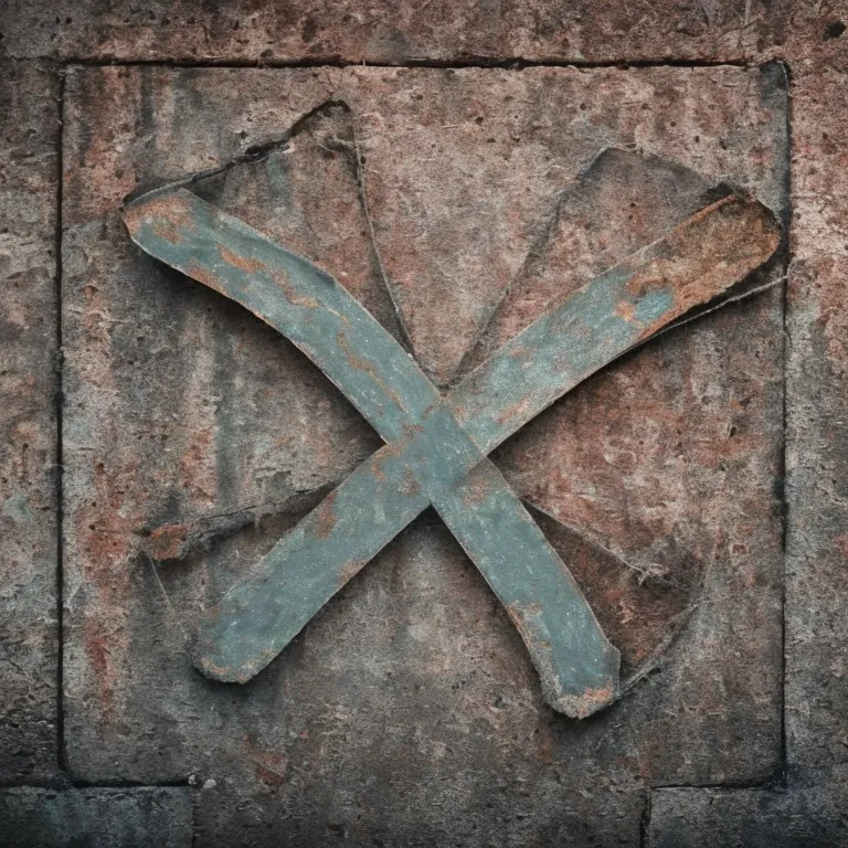 An old painted metal wall with a giant scratched "x" on it that has rusted