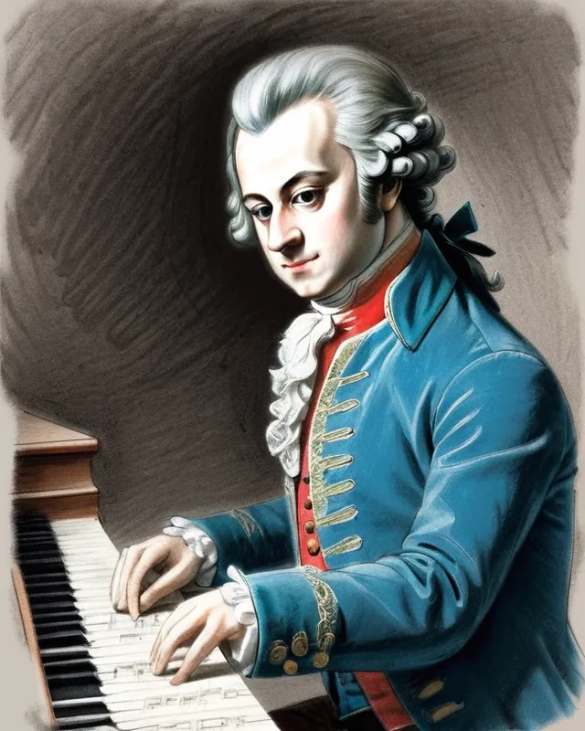 Pencil sketch of Mozart at his piano, composing a new piece