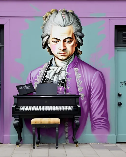 Wolfgang Amadeus Mozart playing piano in the New Metropolian Opera House, living musical notes leaving the piano  