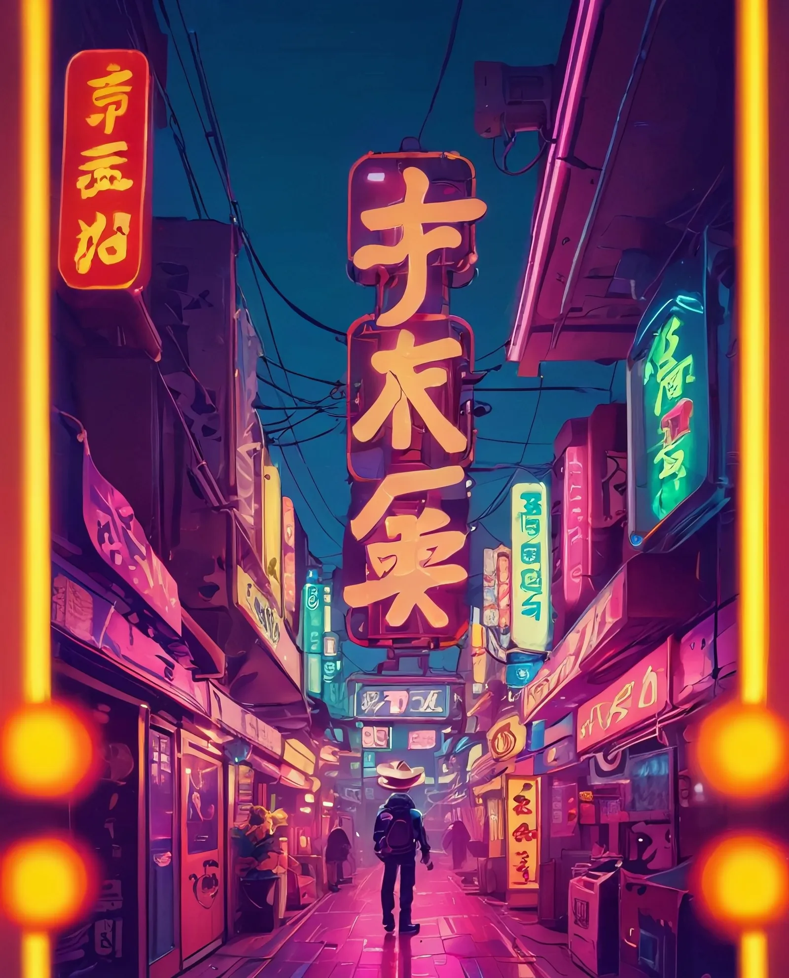 A neon sign with Japanese Kanji for "cowboy robot"