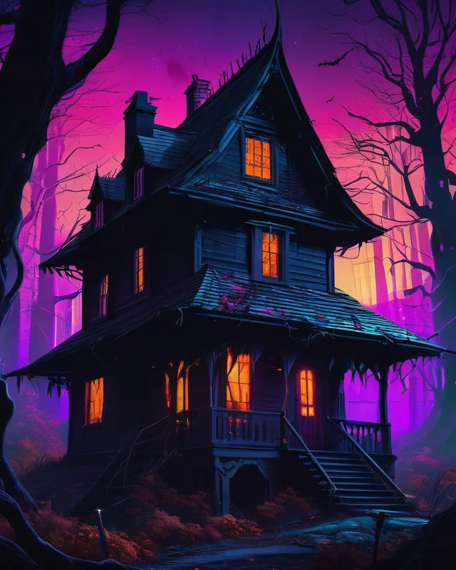 Dark halloween witch house in a creepy forest, beautiful synthwave city painting,  digital illustration,  extreme detail,  digital art,  4k,  ultra hd