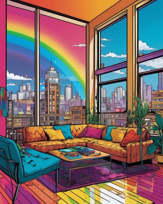 Comic book artwork of an indoor city loft style apartment.  Heavy outlines.  Bright color saturation.  Intricately detailed.  Rainbow palette 